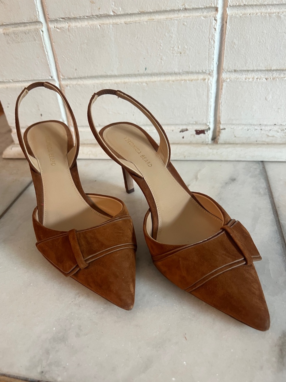 Veronica Beard Tan Suede Pointed-Toe Slingback Heels with Bow Accent - Picture 3 of 3